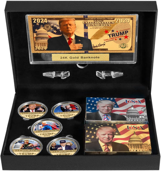 5 PCS Trump 2024 Commemorative Coin, 24K Gold & Silver Playing Card for Collection,A Great Coin and Poker Collecting Gifts for Husband, Father, Friends,Fans，Father'S Day and More.(Gold&Silver)